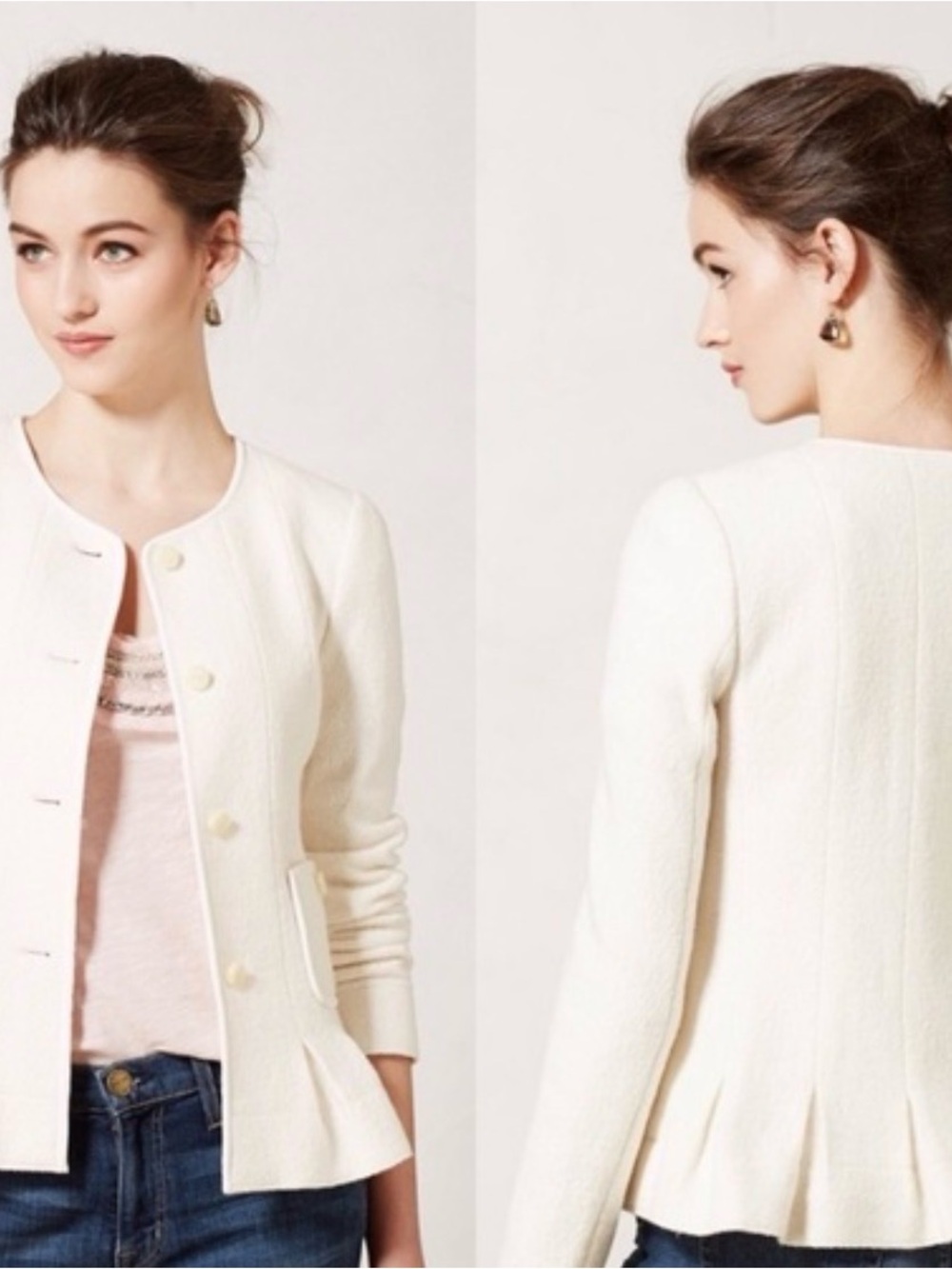 Anthropologie Elevenses cream textured peplum blazer